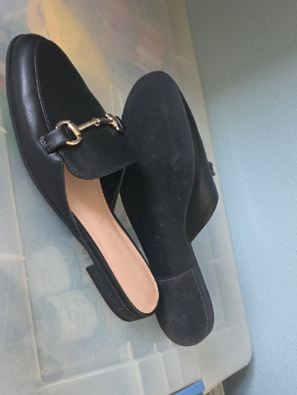 BCBGeneration Black Leather Slip-On Mules with Gold Hardware - Picture 4 of 7